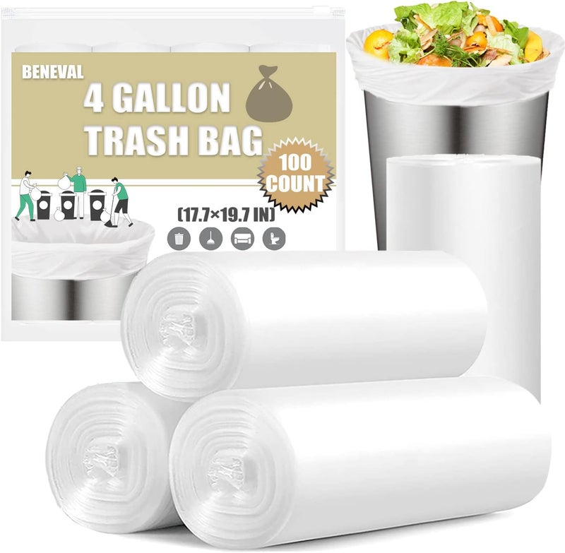 BENEVAL Small Trash Bags 4 Gallon - 100 Count 4 Gallon Trash Bag, Small Garbage Bags for Office Bedroom Bathroom Trash Bags, White 4 Gal Small Trash Can Liners - Image 1